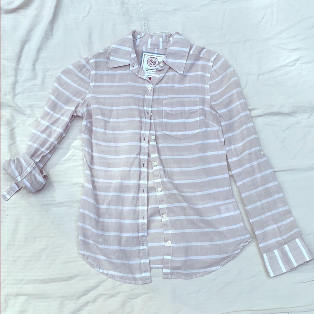 Long Sleeve button up tan and white blouse